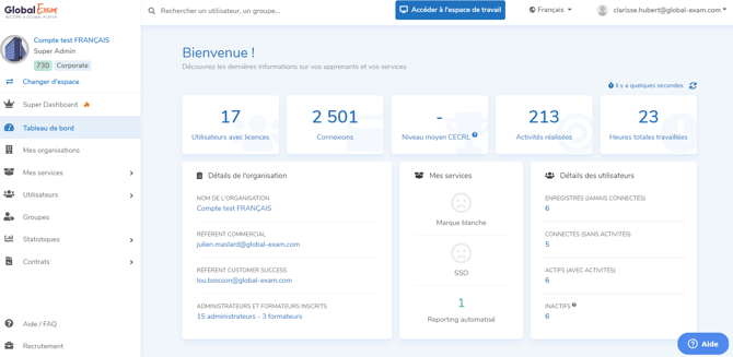 Espace administration GlobalExam - Tableau de bord